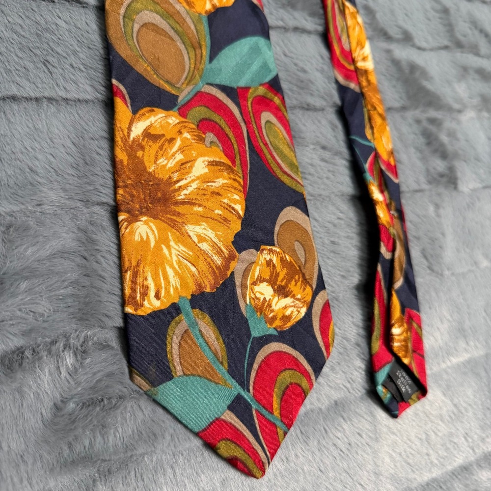 Bugatti Silk Tie Mens OS Navy Blue Yellow Floral Abstract Italian Silk Made USA